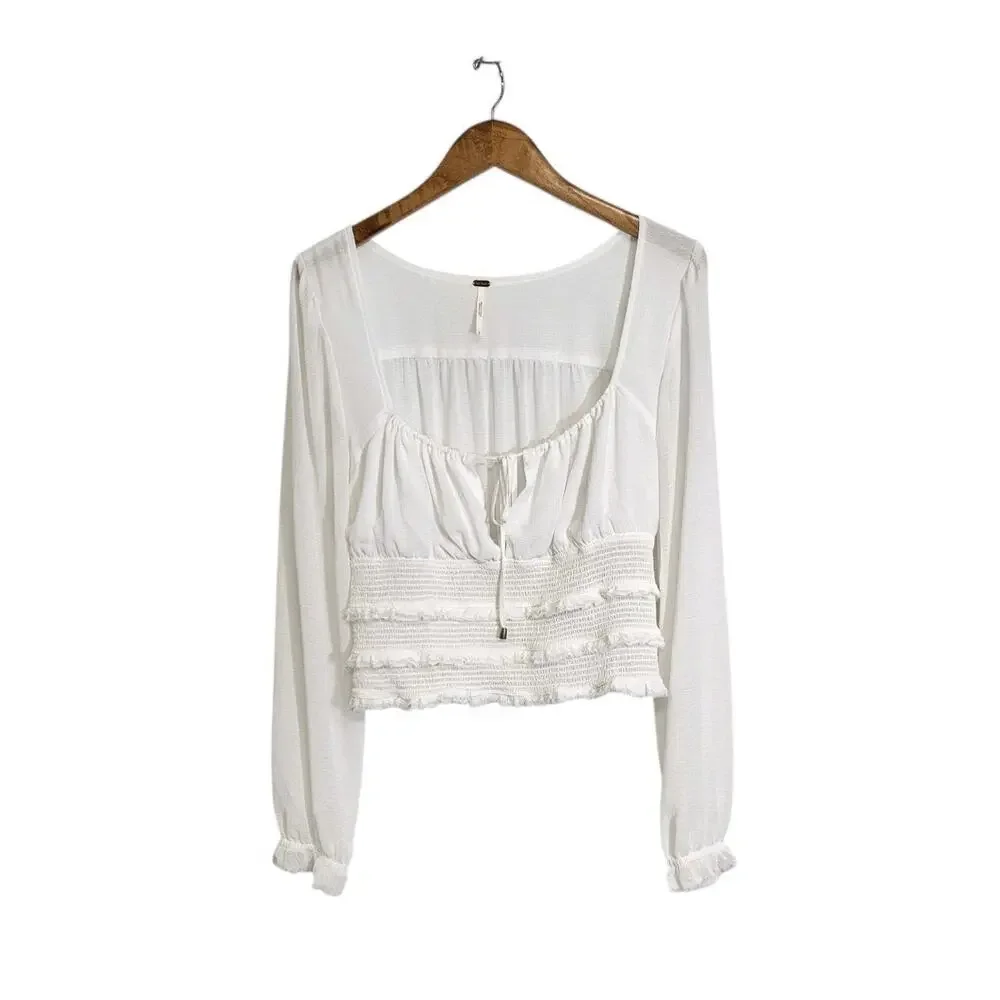 Free People White Lolita Boho Cottagecore Coquette Milkmade Blouse Size Large